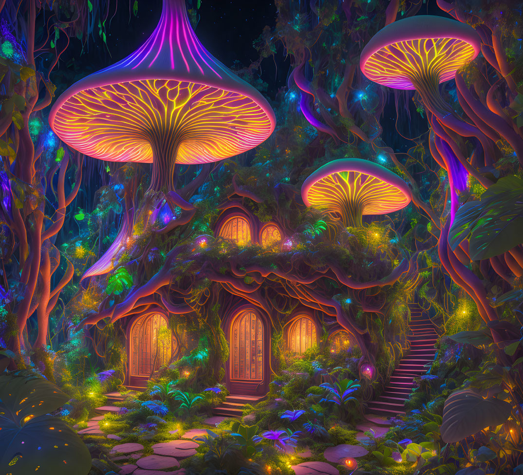 Enchanting night forest with oversized glowing mushrooms and whimsical treehouse