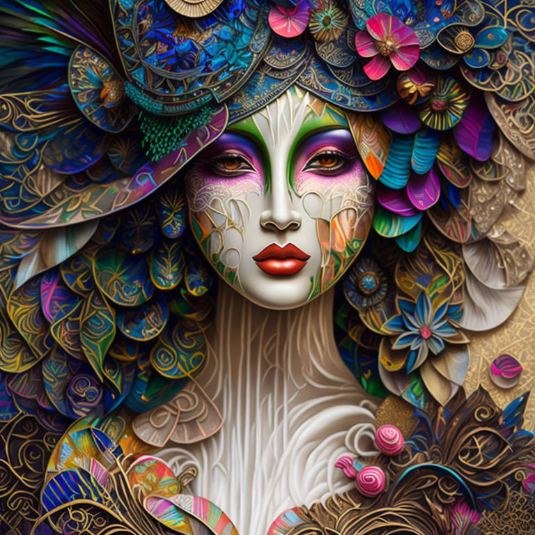 Colorful woman's face artwork with intricate patterns: peacock feather & floral motifs