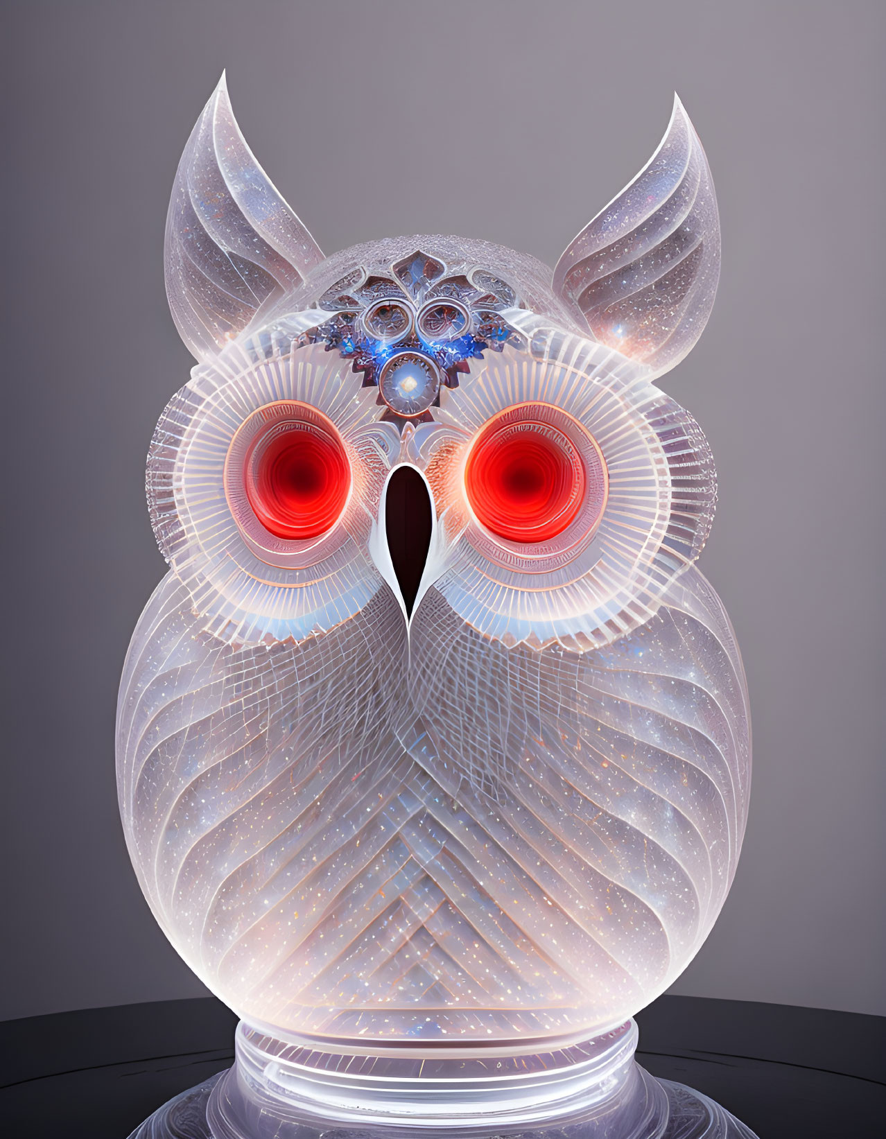 Glass-Like Owl with Red Eyes and Gears on Grey Background