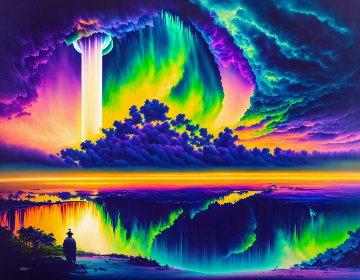 Vibrant neon-lit waterfall under swirling sky reflects in water