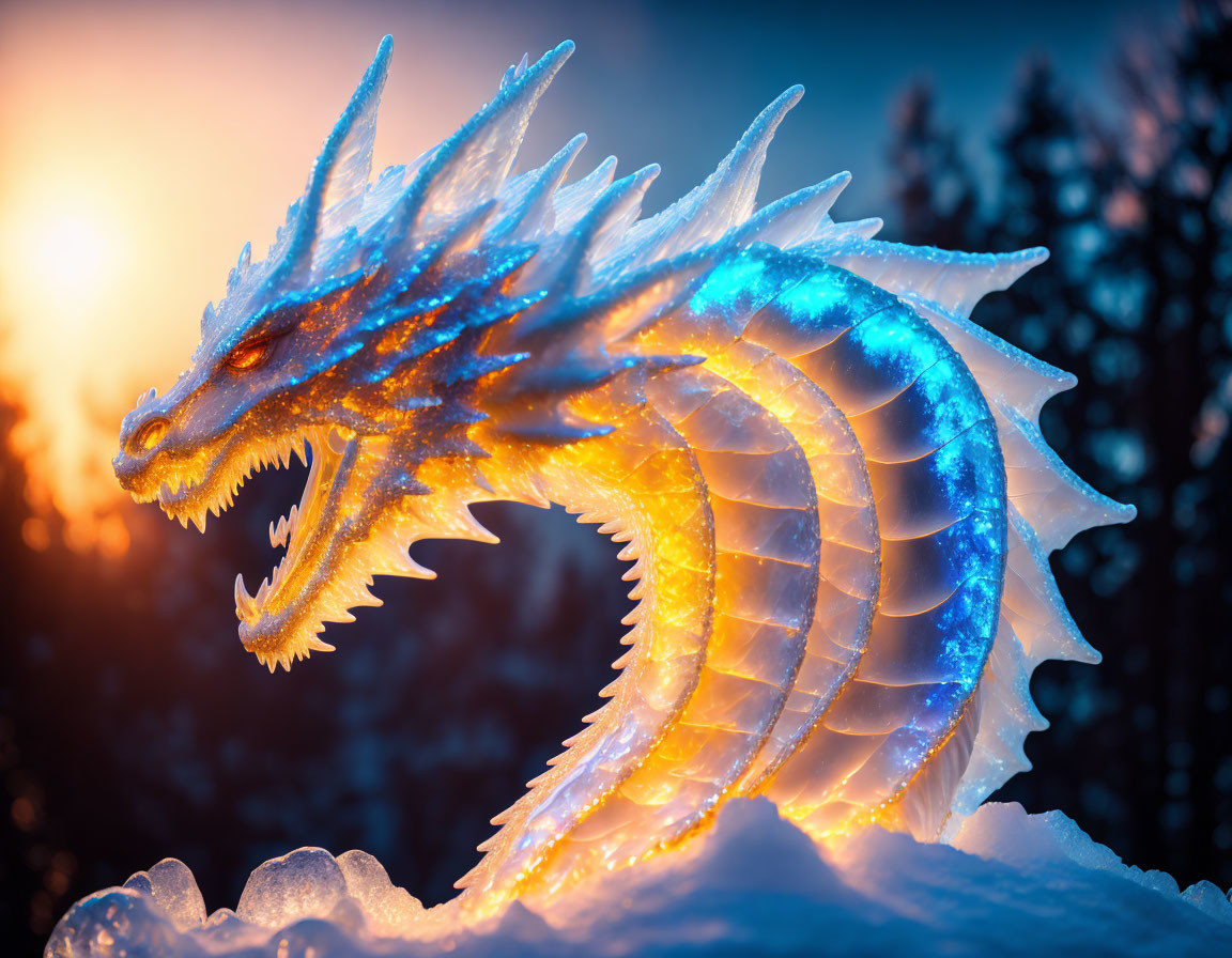 Blue Glowing Ice Dragon Sculpture at Sunset Snowscape