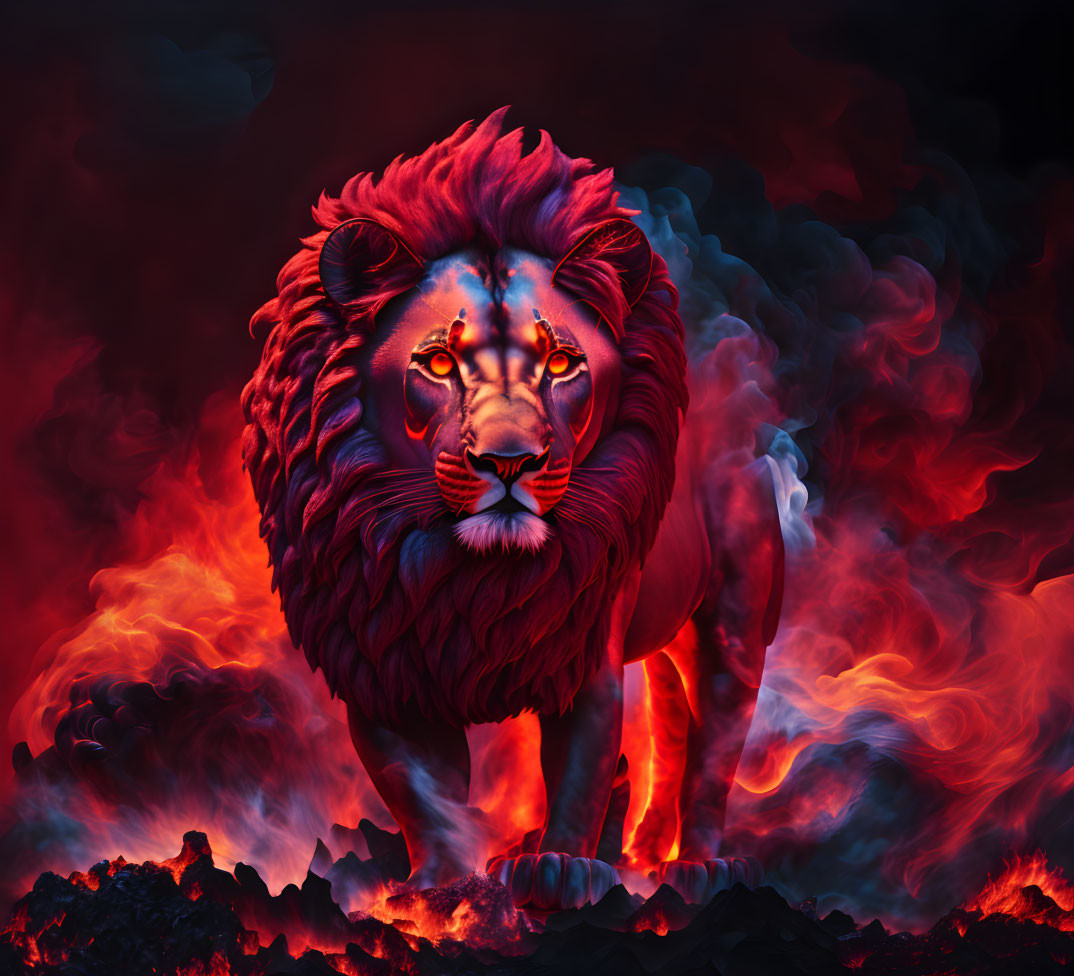 Fiery-red lion with glowing eyes in swirling crimson hues