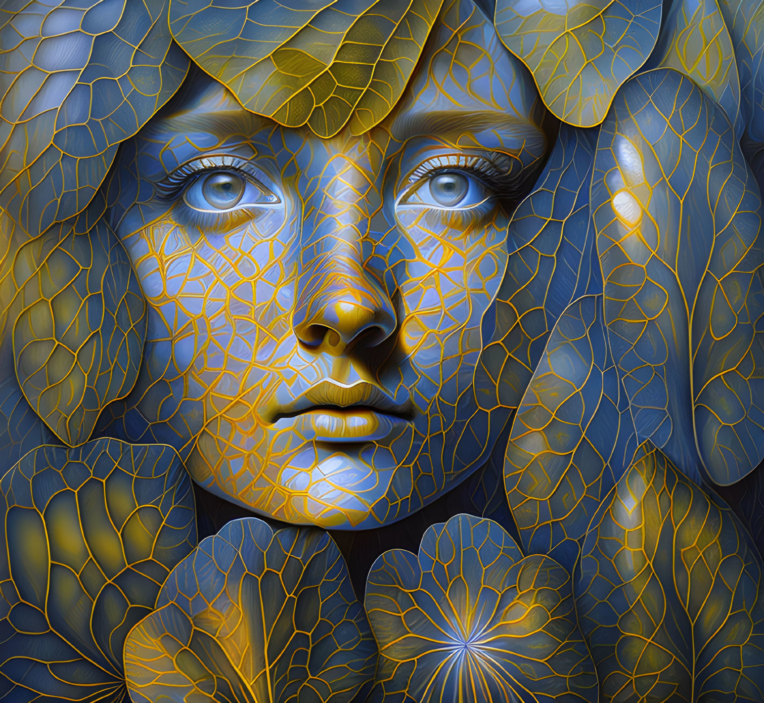 Digital artwork: Woman's face with blue eyes, golden veins, surrounded by blue and gold petal