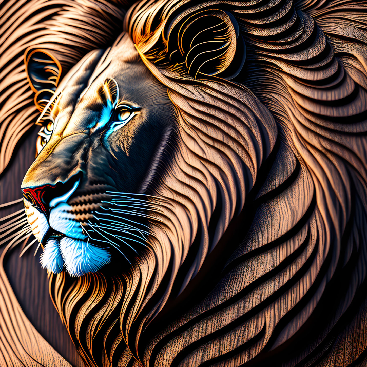 Digitally created lion image with vibrant mane and intricate fur patterns in blue and orange