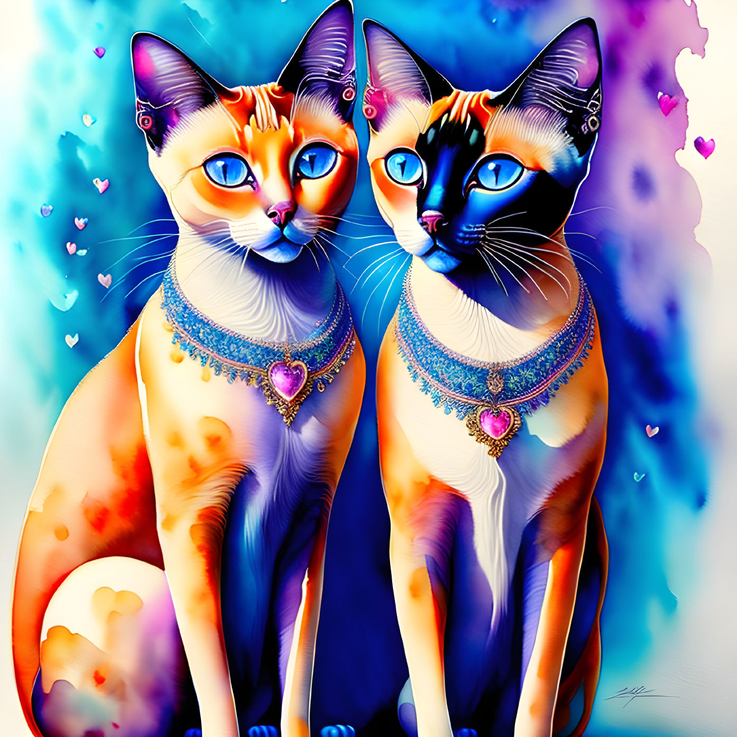 Vibrantly colored stylized cats with blue eyes and jewelry on heart-speckled backdrop