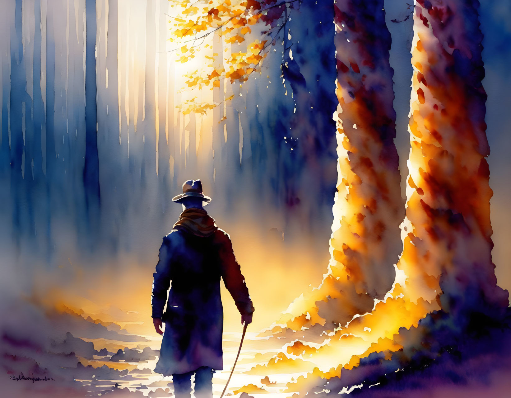 Autumnal scene: Figure walking among tall trees with sunlight filtering through