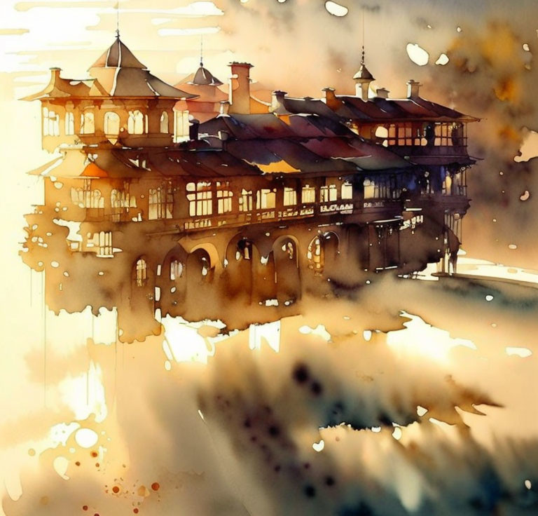 Victorian-style house watercolor painting with warm tones