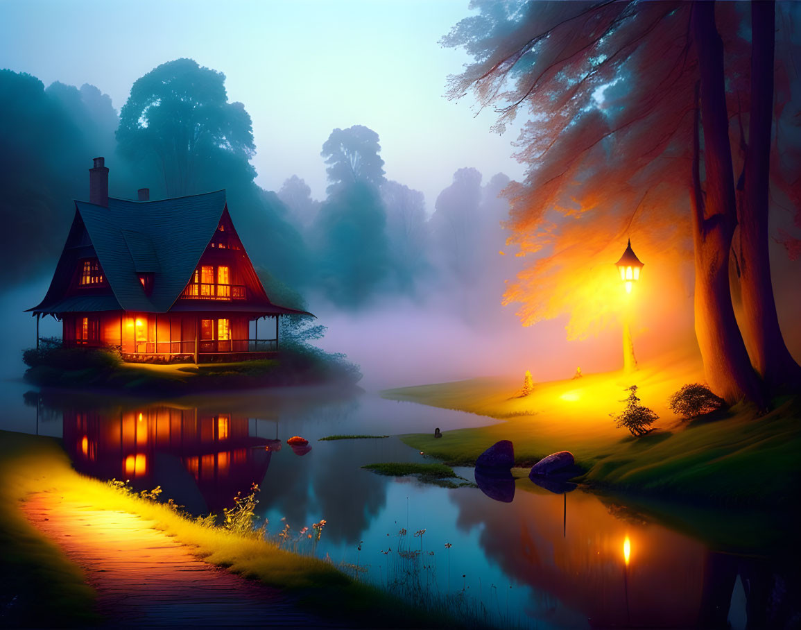 Enchanting cottage by tranquil lake at twilight