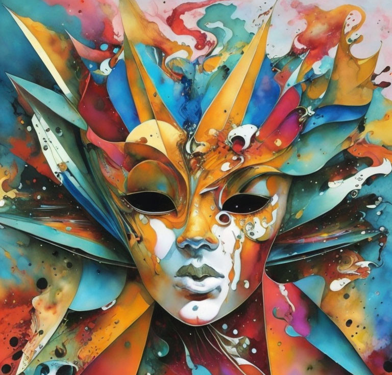 Colorful Abstract Painting of Mask with Blue, Red, Yellow, and Black Accents