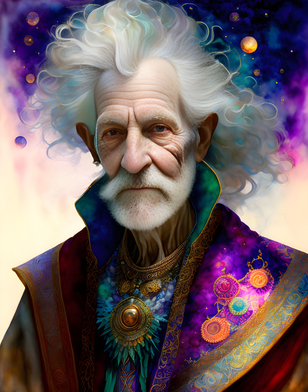 Elderly Man with White Hair and Cosmic Orbs Portrait