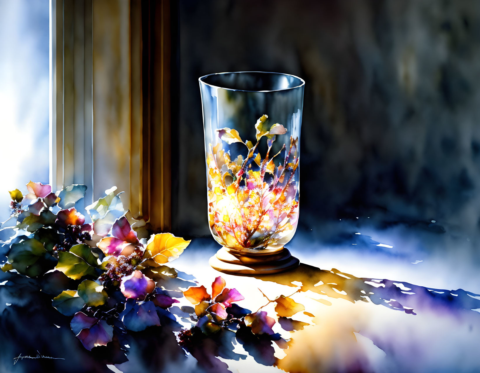 Colorful watercolor painting of glass vase with floral patterns and autumn leaves