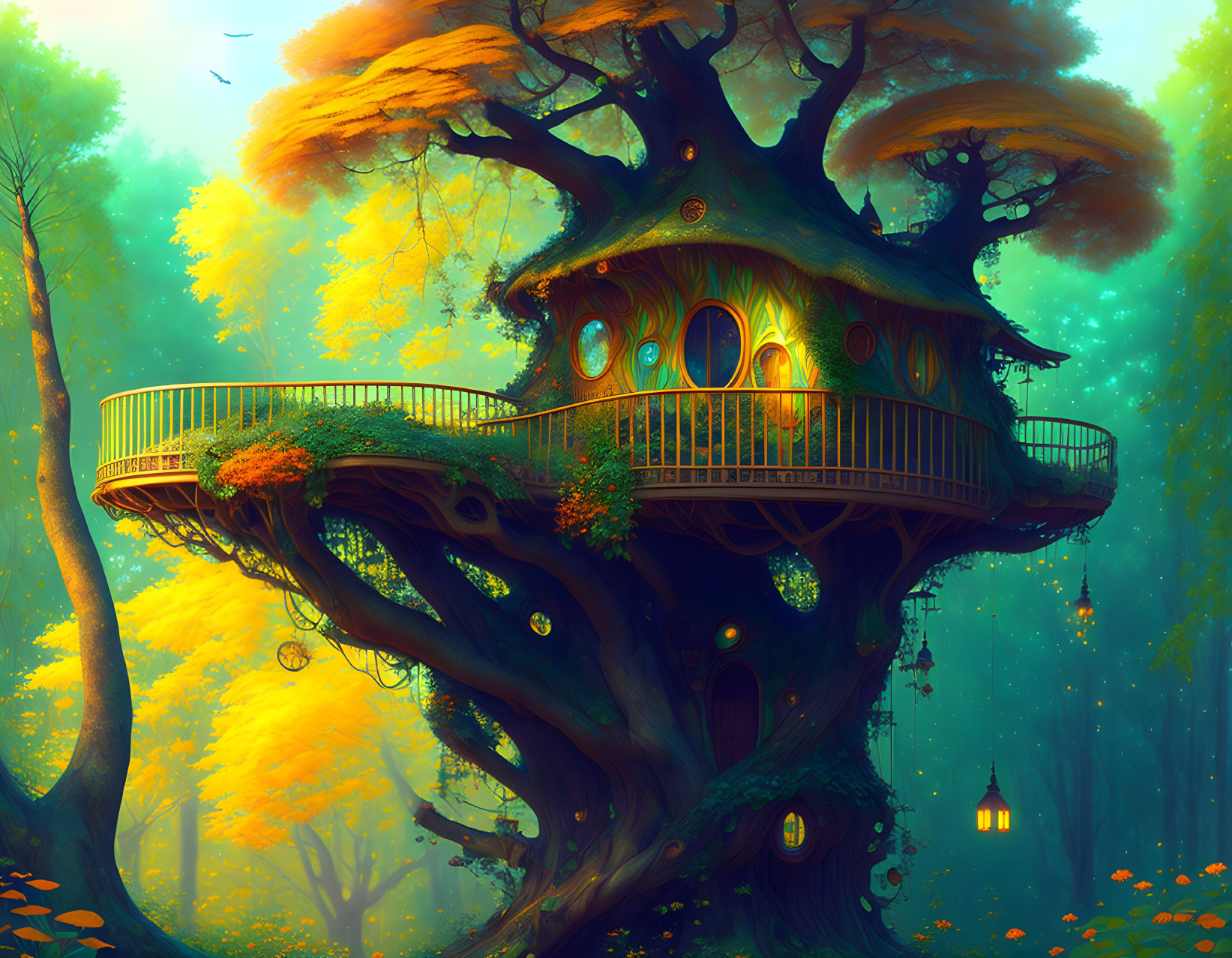 Enchanting Treehouse in Magical Autumn Forest