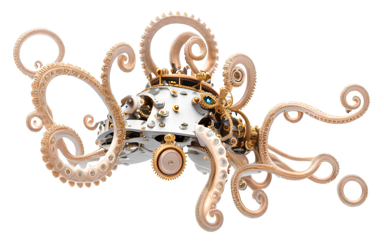 Mechanical octopus with steampunk gears and metallic tentacles