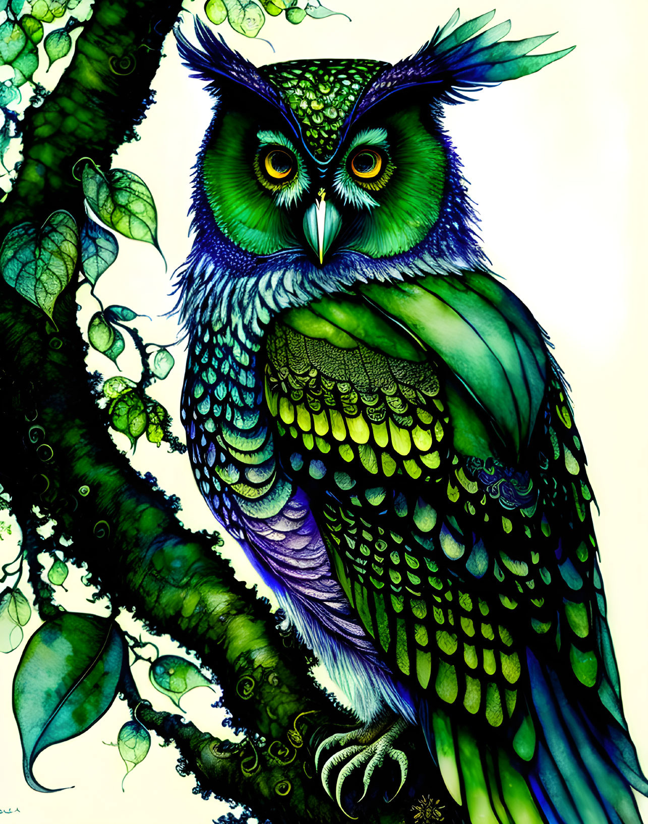 Colorful Owl Illustration with Green and Blue Feathers