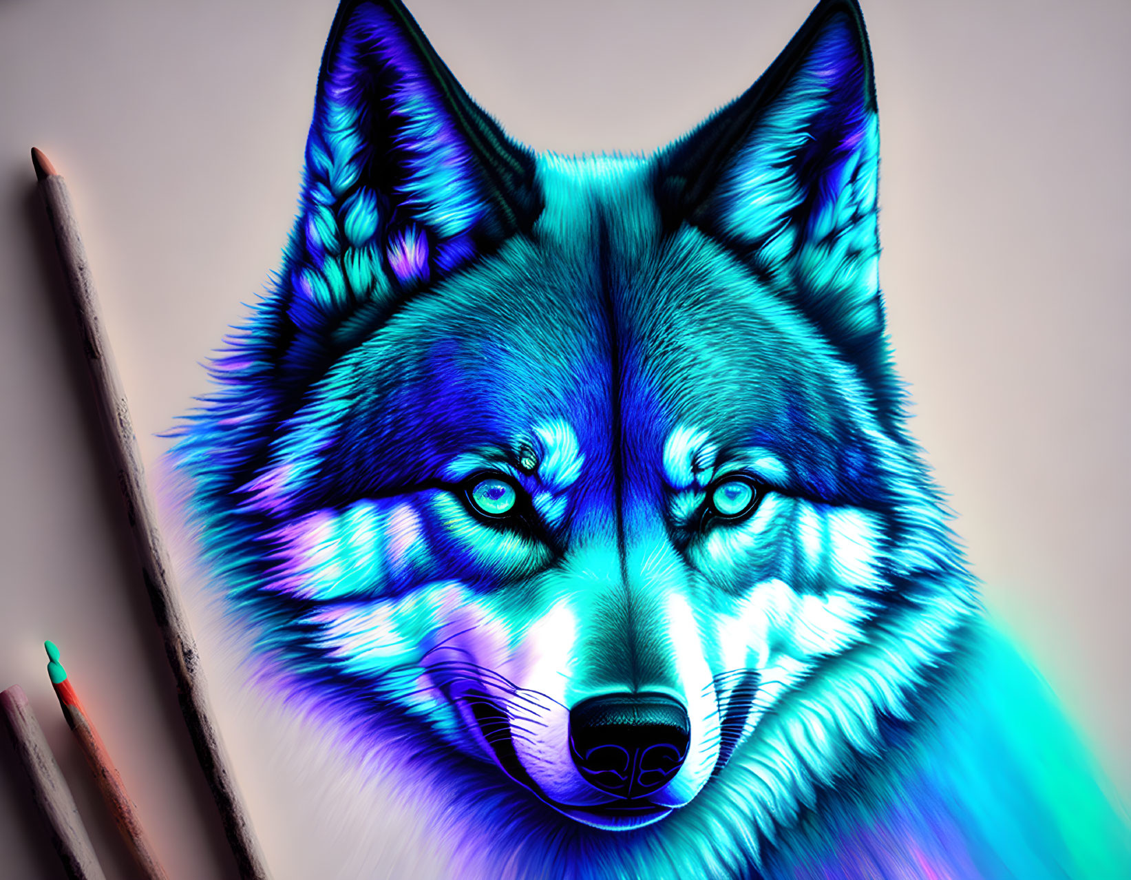 Colorful Wolf Face Illustration with Neon Blue and Purple Hues