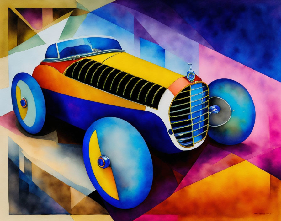 Vibrant abstract vintage race car art with geometric shapes