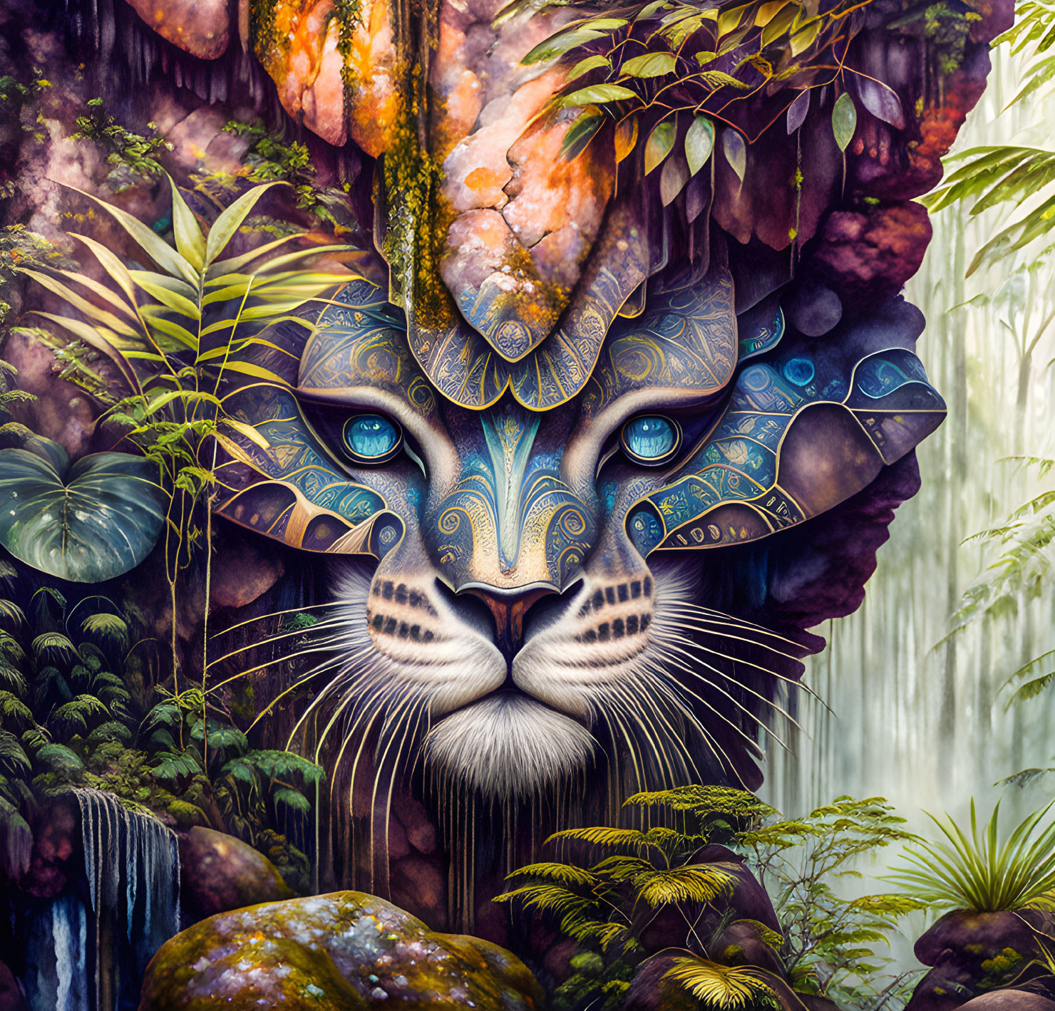 Colorful Feline Face with Tribal Patterns in Jungle Setting