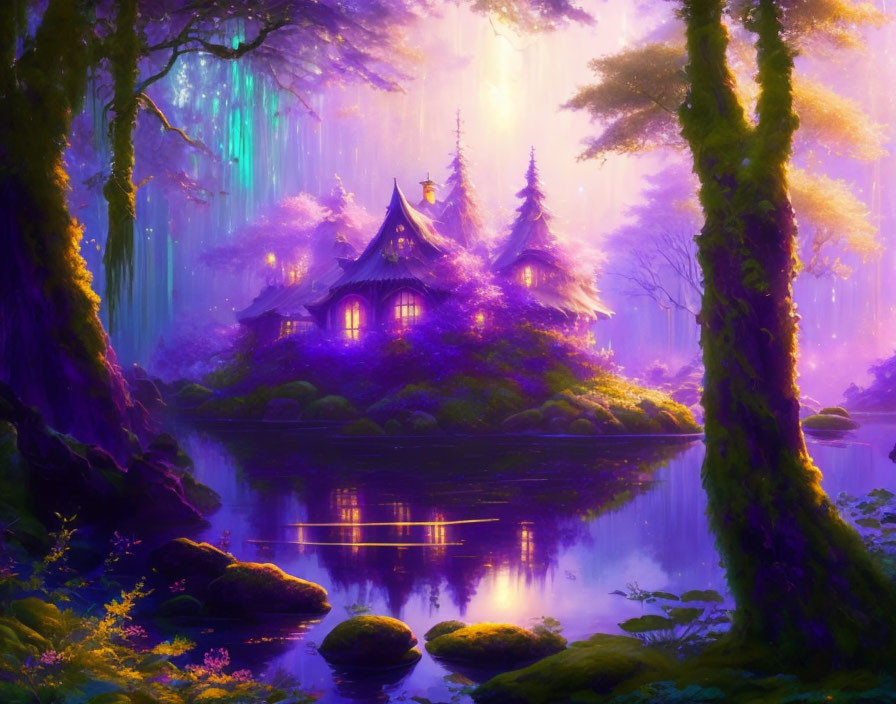 Enchanting Purple-Lit Forest House by Serene Lake