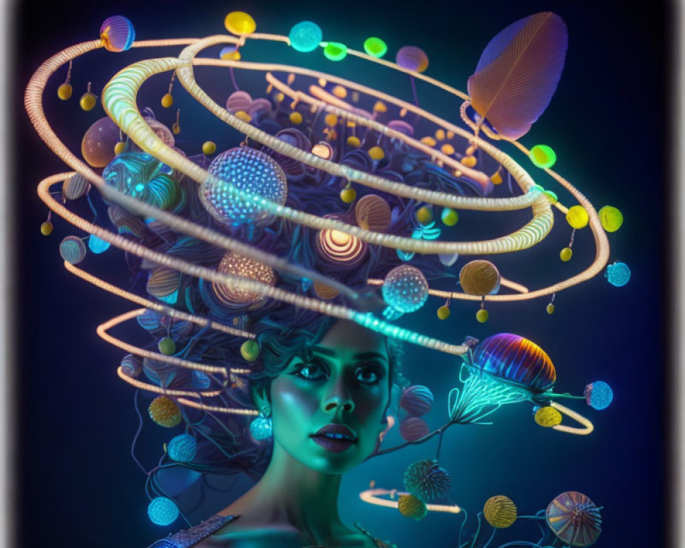 Woman with glowing orbit-like structures and whimsical elements in futuristic headdress