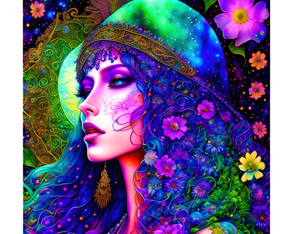 Colorful illustration of a woman with floral and celestial motifs in intricate patterns