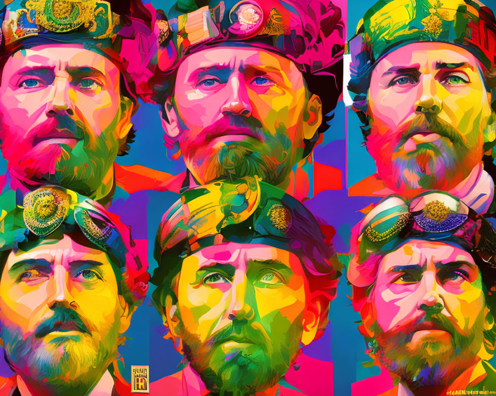 Colorful Pop Art Collage of Bearded Man in Six Poses