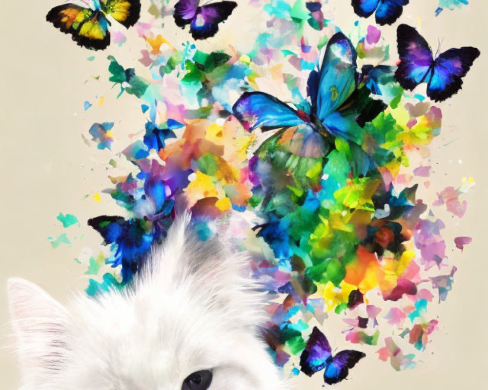 Fluffy white cat with blue eyes and butterflies in colorful setting