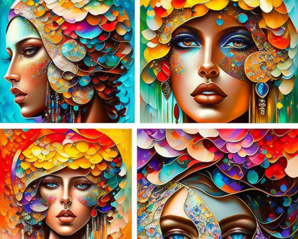 Vibrant portraits of women with peacock-inspired scales