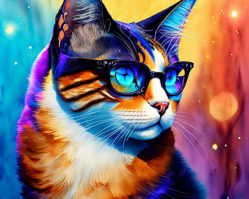 Colorful Cat with Butterfly Wings and Glasses on Bokeh Background