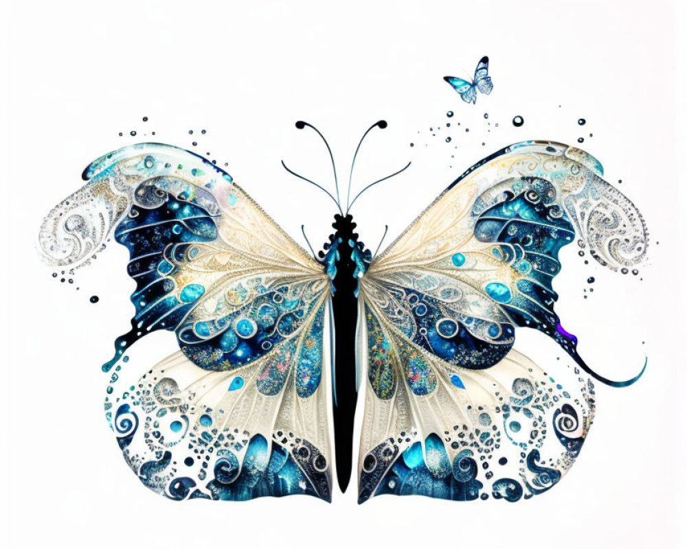 Detailed artistic illustration of ornate blue, black, and gold butterfly wings with swirls and dots.