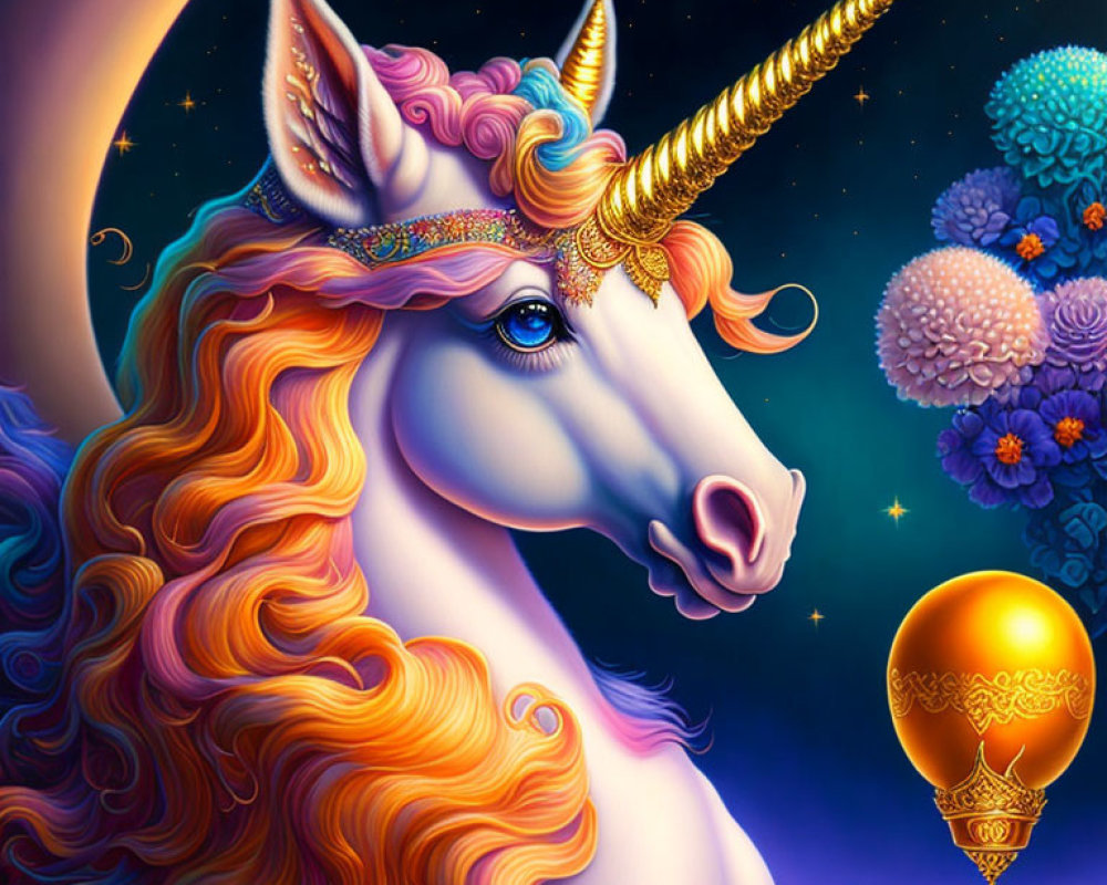 Colorful Unicorn with Golden Horn in Starry Night Sky