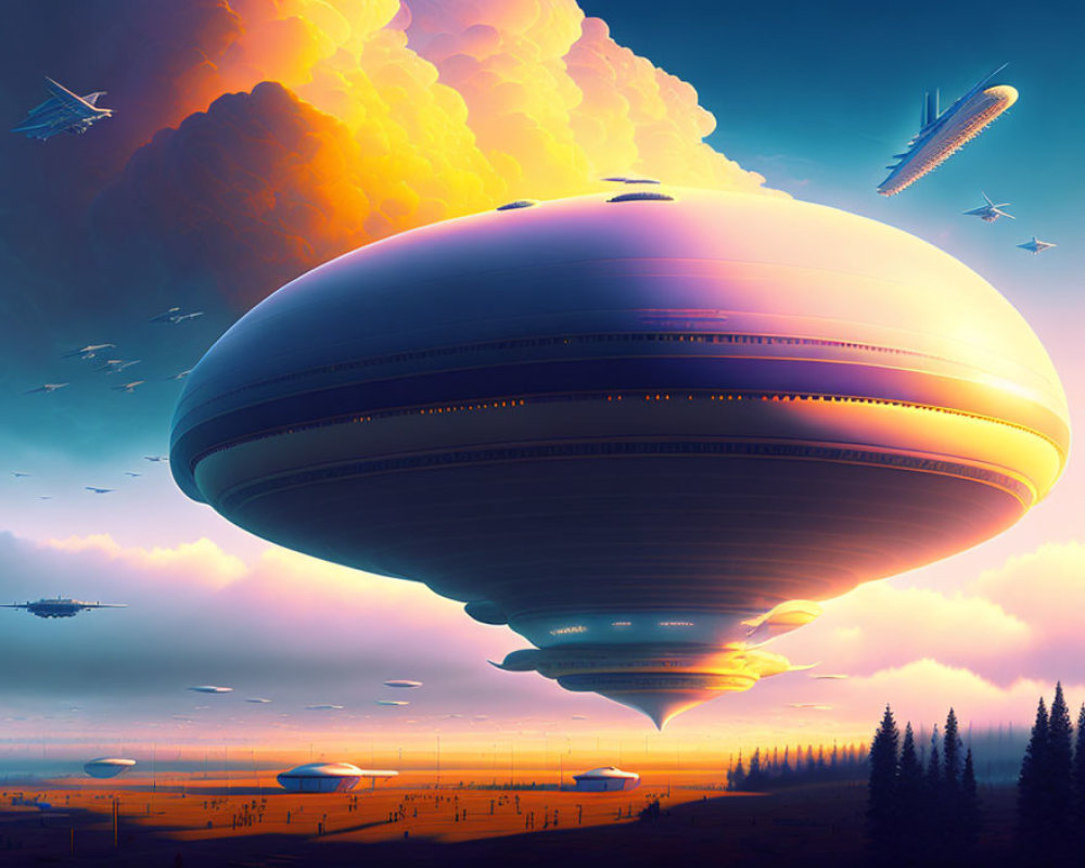 Futuristic landscape with airships, aircraft, orange cloudscape