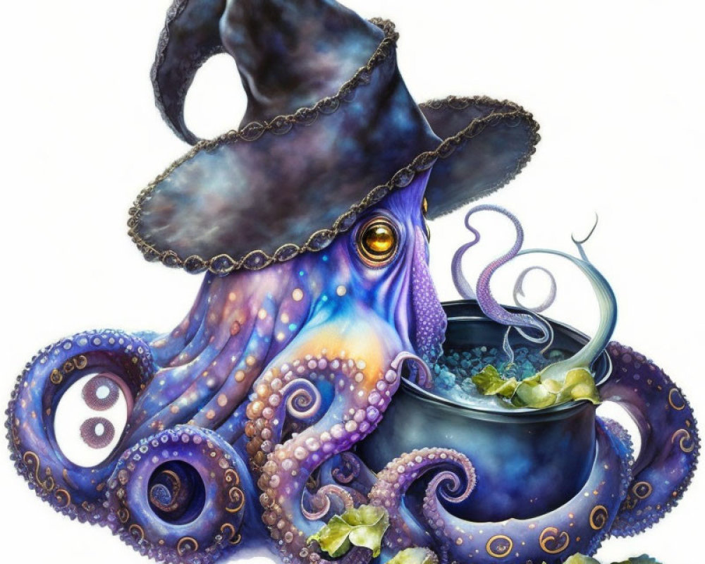 Vibrant Purple and Blue Wizard Octopus Stirring Cauldron with Green Leaves