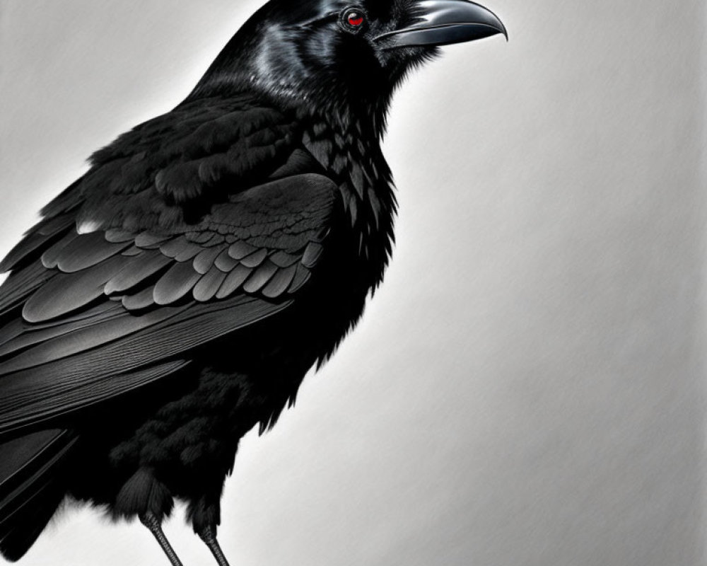 Close-up of black raven on branch with glossy feathers and red eye