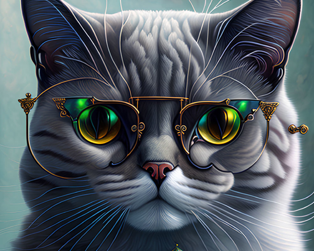 Detailed whimsical cat with green eyes in gold-rimmed glasses and pendant on teal background