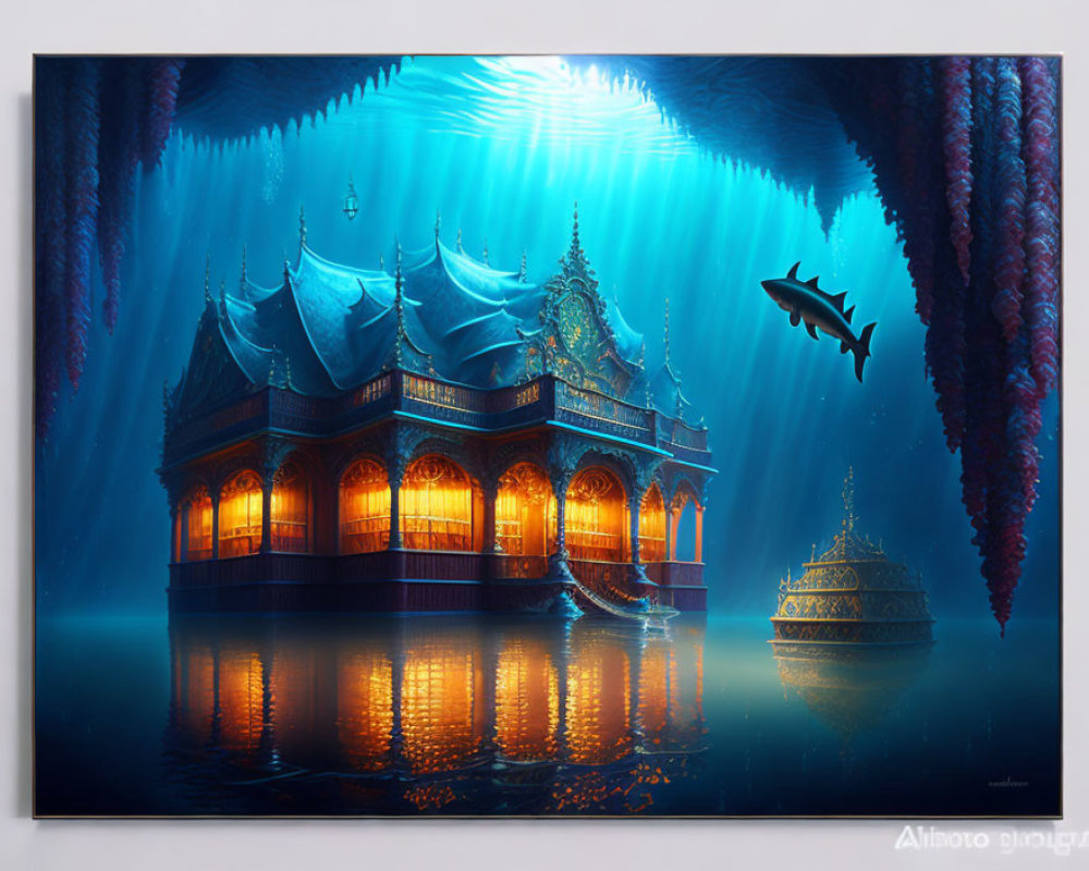 Ornate Thai-style pavilions in mystical underwater scene surrounded by fish