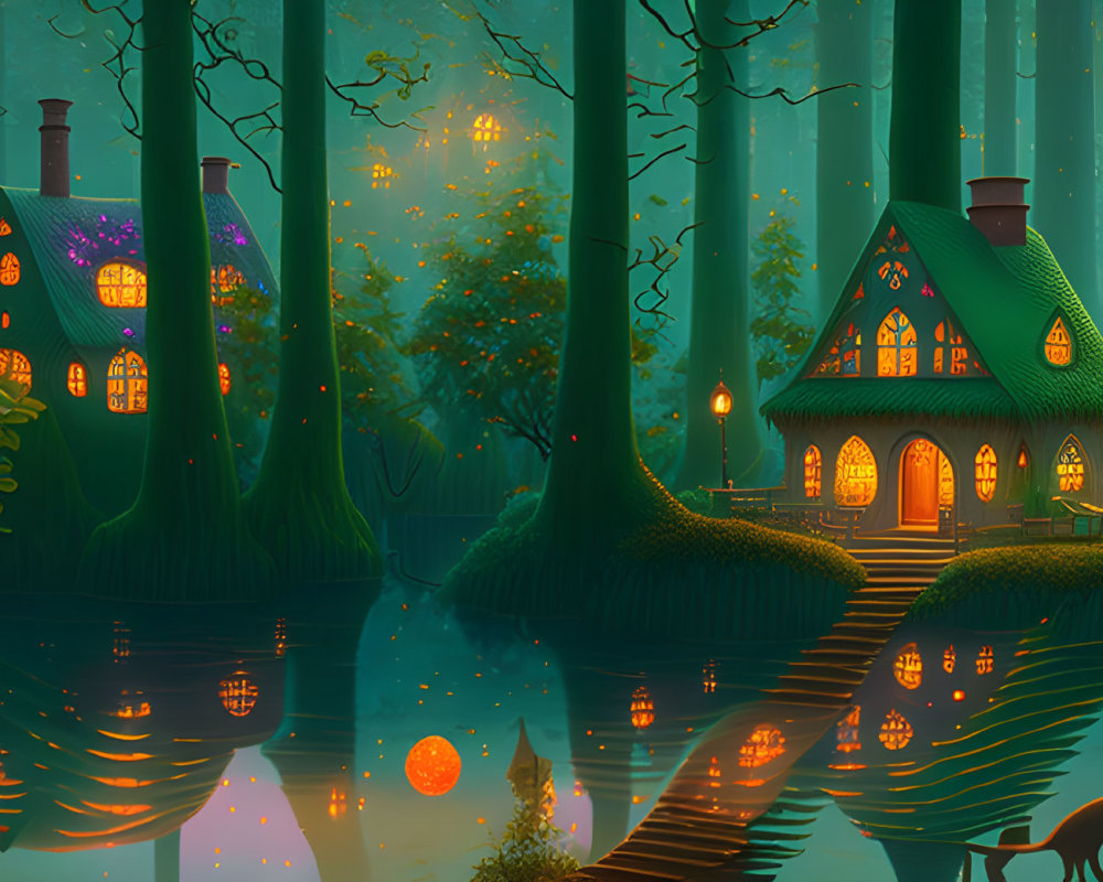 Mystical forest scene with cozy cottages, water reflections, fox, and fireflies