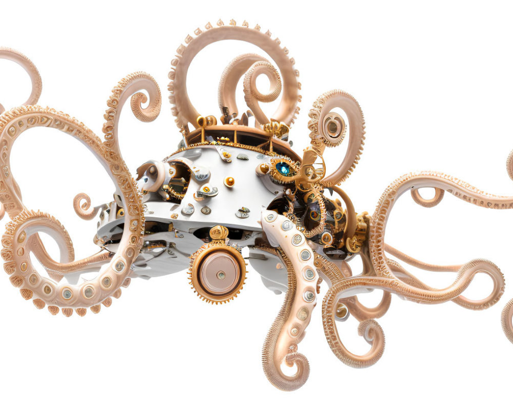 Mechanical octopus with steampunk gears and metallic tentacles