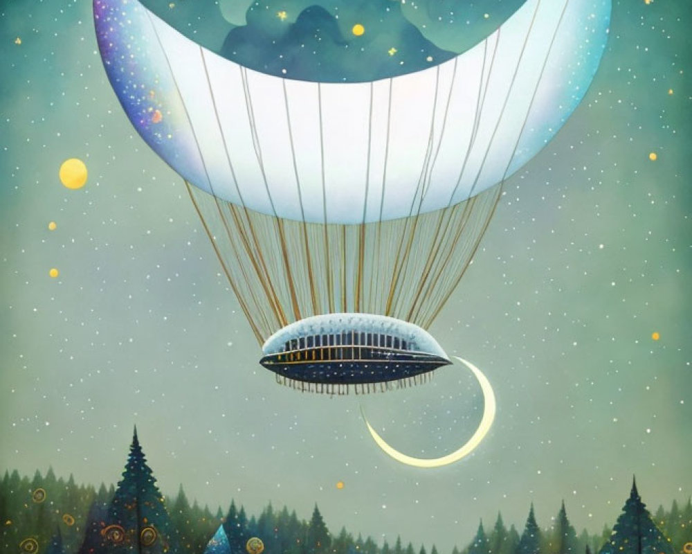 Whimsical crescent moon hot air balloon over starry forest