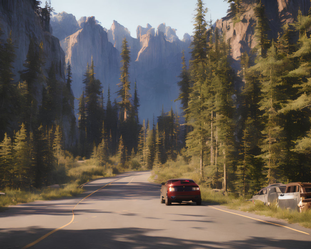 Red Car Driving on Forest-Lined Road with Towering Cliffs