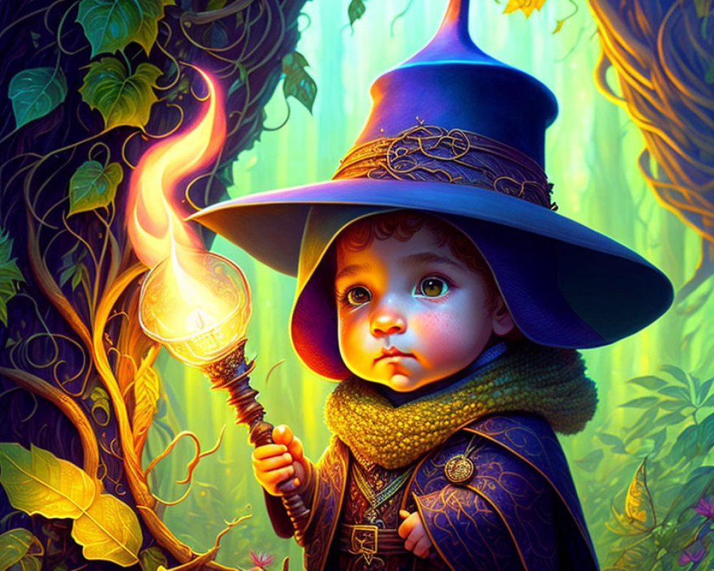 Child in oversized wizard hat with flaming staff in vibrant forest