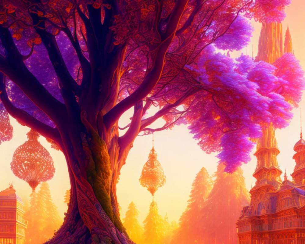 Luminous scene of grand tree and ornate golden structures at sunset