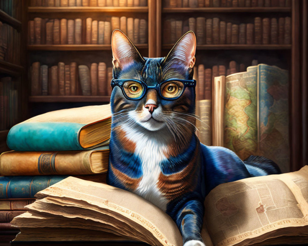 Colorful Cat on Open Book Surrounded by Old Books