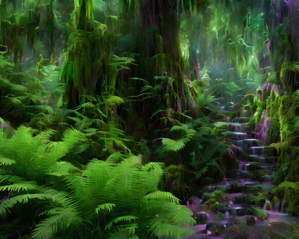 Lush forest with moss-covered trees, waterfall, ferns, and ethereal light