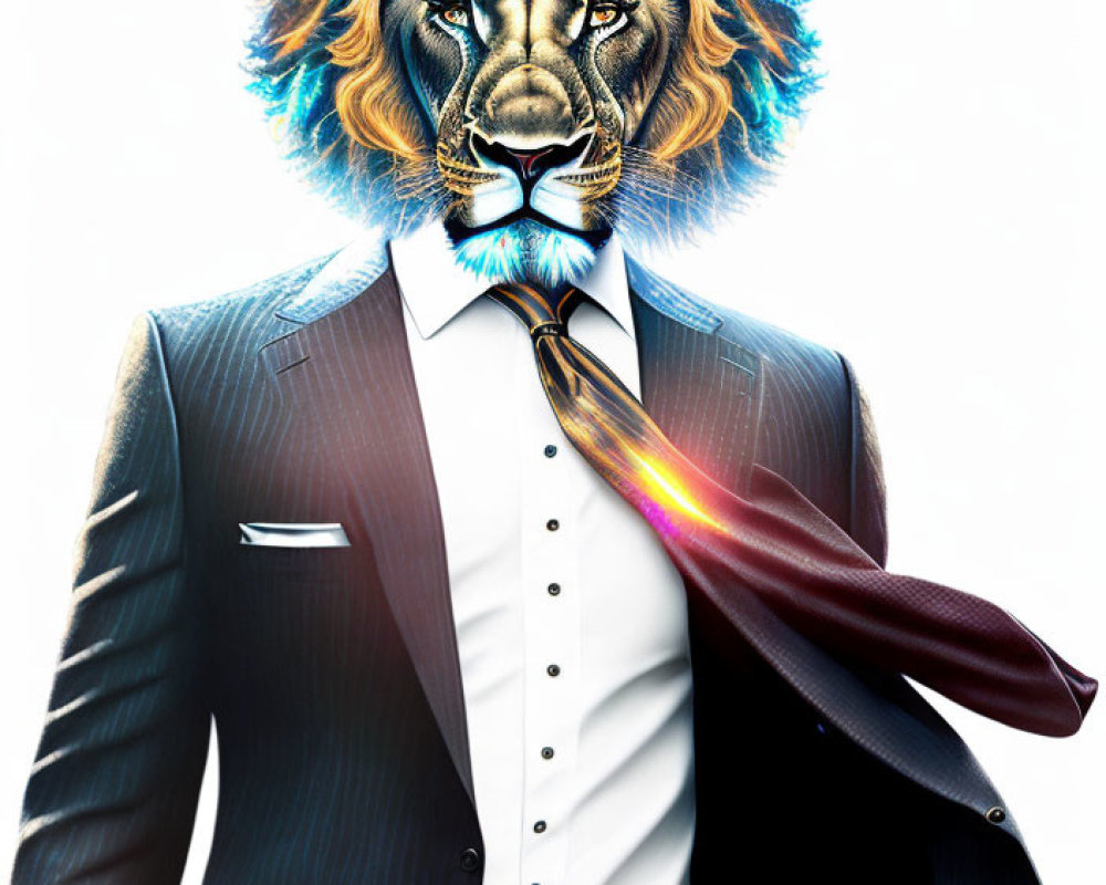 Surreal lion-headed figure in suit with tie transformed by colorful light