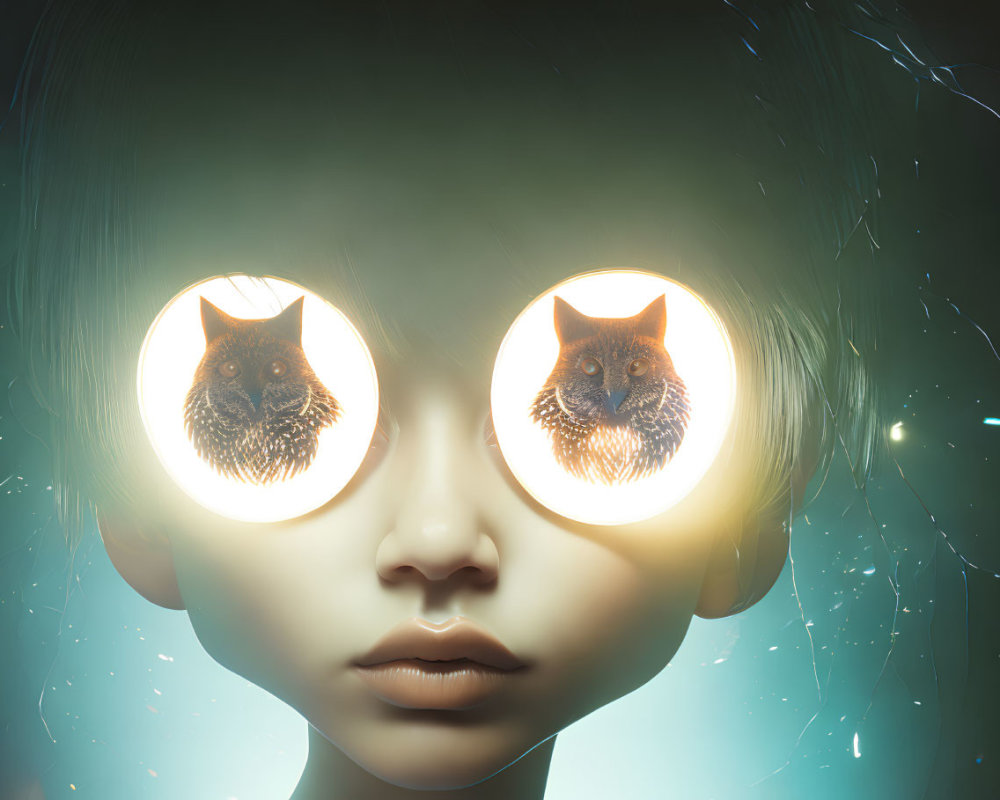 Surreal glowing-eyed person with owl reflections on soft background