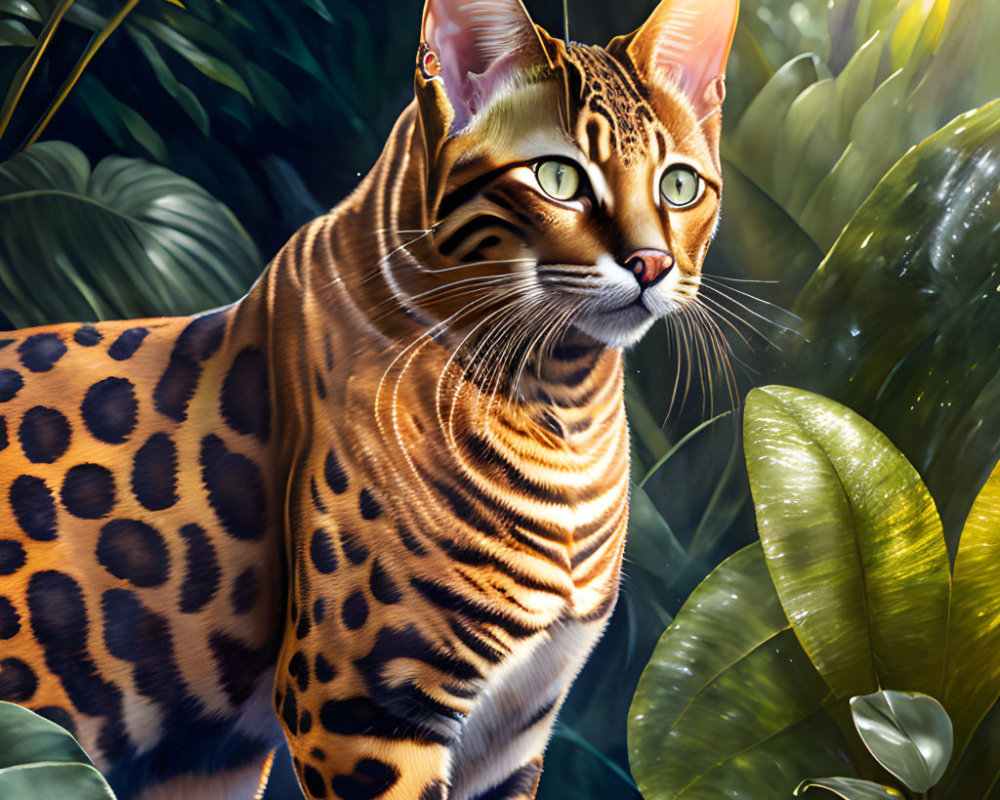 Vibrant Bengal Cat Artwork Among Green Foliage