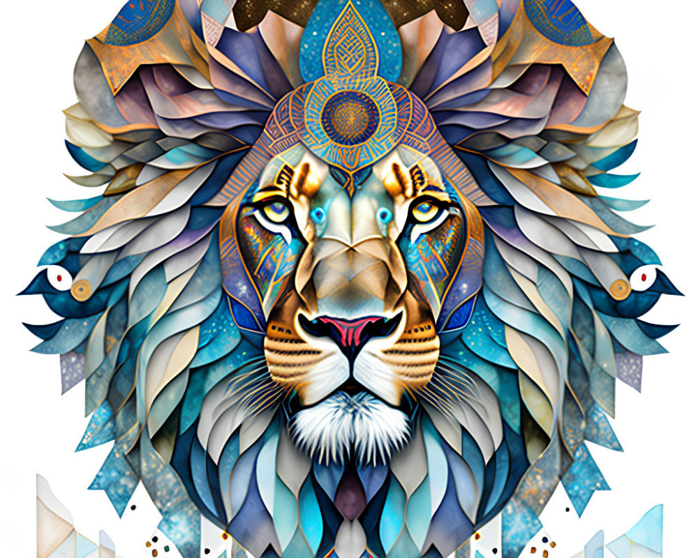 Colorful Lion Head Illustration with Mandala Pattern & Geometric Background