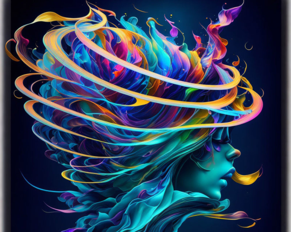 Vibrant swirling hair portrait against dark background