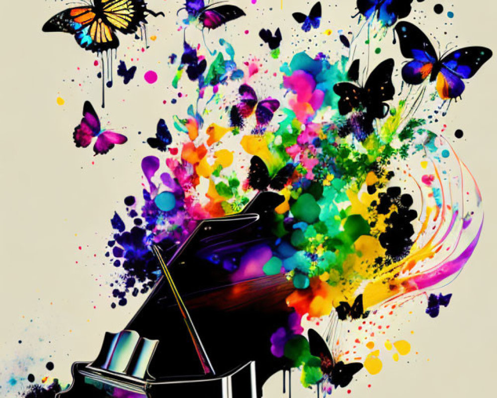 Colorful Grand Piano Artwork with Butterflies and Splashes