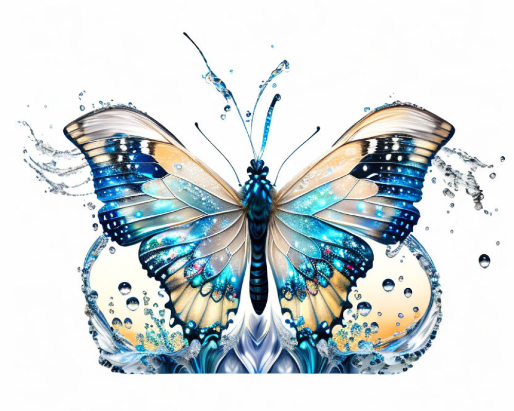 Blue and Gold Butterfly Artwork with Water Droplets on White Background